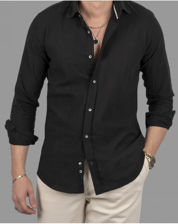 Casual ανδρικό πουκάμισο Dezign λινό μαύρο