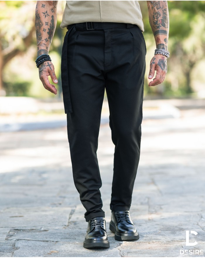 Ανδρικό μαύρο παντελόνι με πιέτες και ζωνάρι