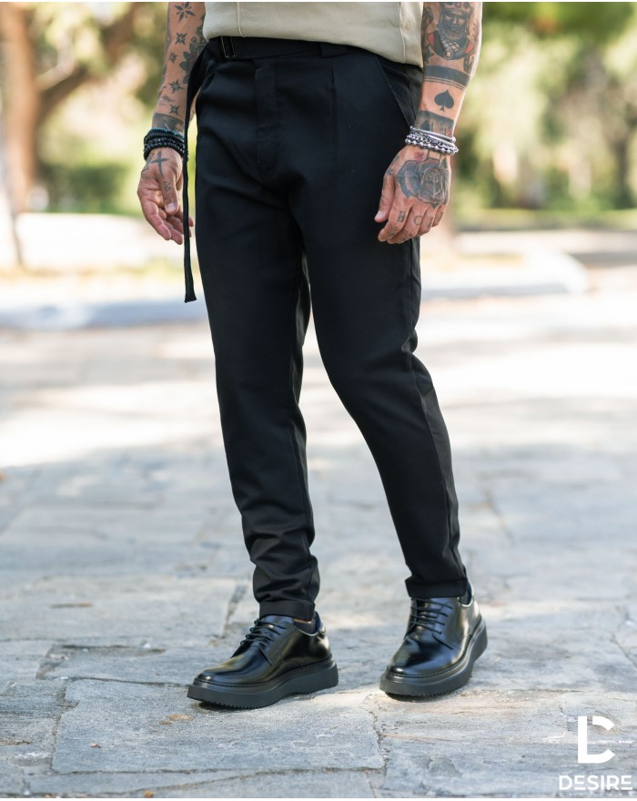 Ανδρικό μαύρο παντελόνι με πιέτες και ζωνάρι